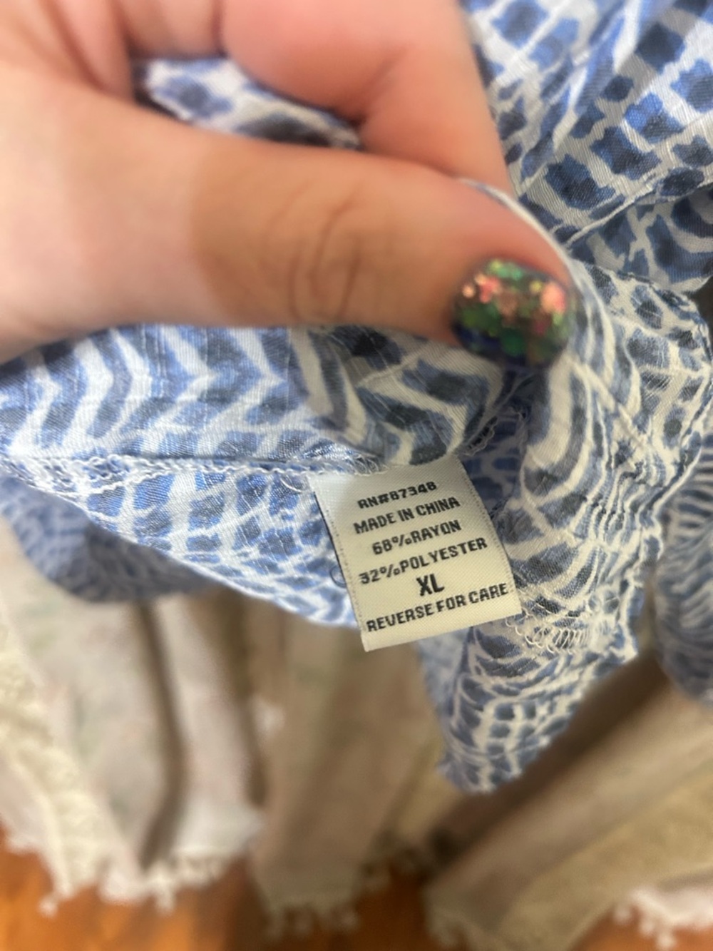 2/$28 Blue White Boho Peasant Blouse Tassel Tie Gauzy Coastal Top XL - Picture 5 of 5